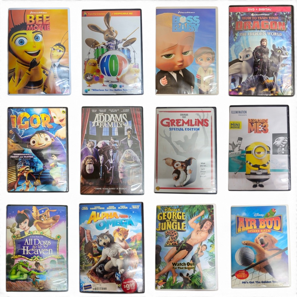 Mixed Family DVD Lot Kids Movies 12pc Bee, Boss Baby Despicable Me Dogs, Jungle